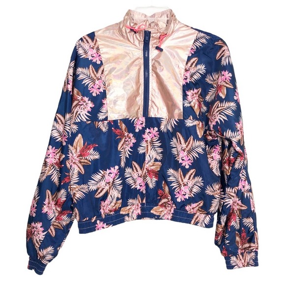 New Look Windbreaker 90s Floral 1/4 Zip Cropped Hawaiian Metallic Jacket Small - Picture 9 of 9